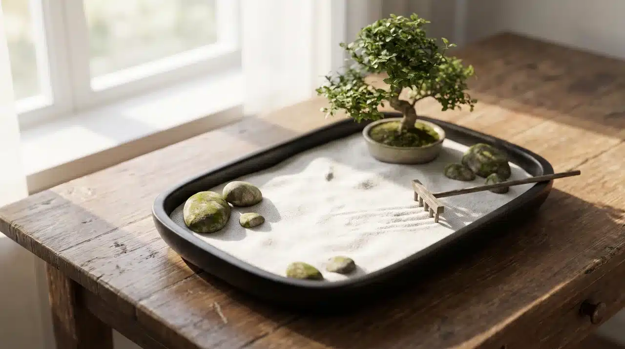 Small tabletop zen garden with sand, miniature rocks, rake, and bonsai plant.