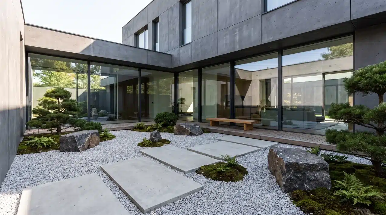 Modern minimalist zen garden with gravel, concrete paths, rocks, and clean architectural design.