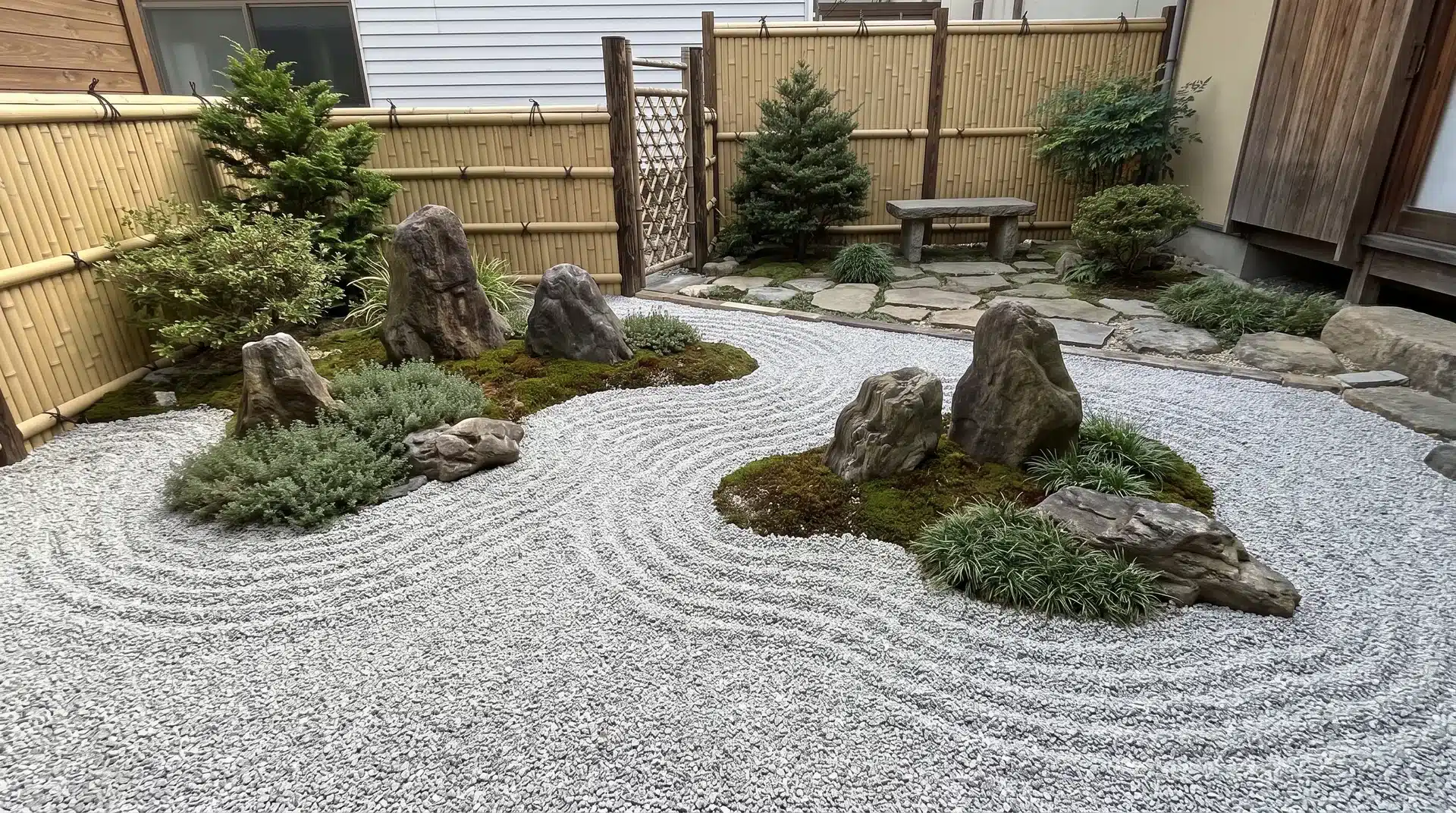 Small Japanese rock garden with stones, raked gravel, moss, and simple plants