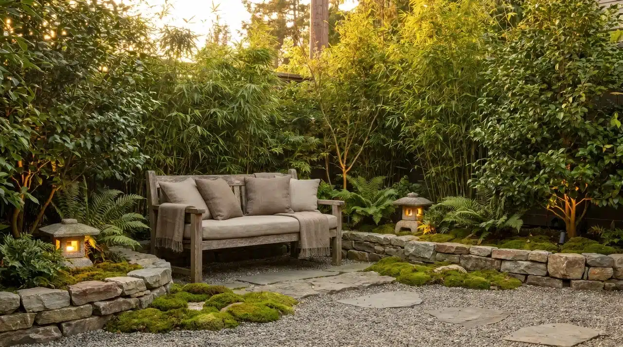 Zen meditation corner with wooden seating, stones, plants, and peaceful garden surroundings.
