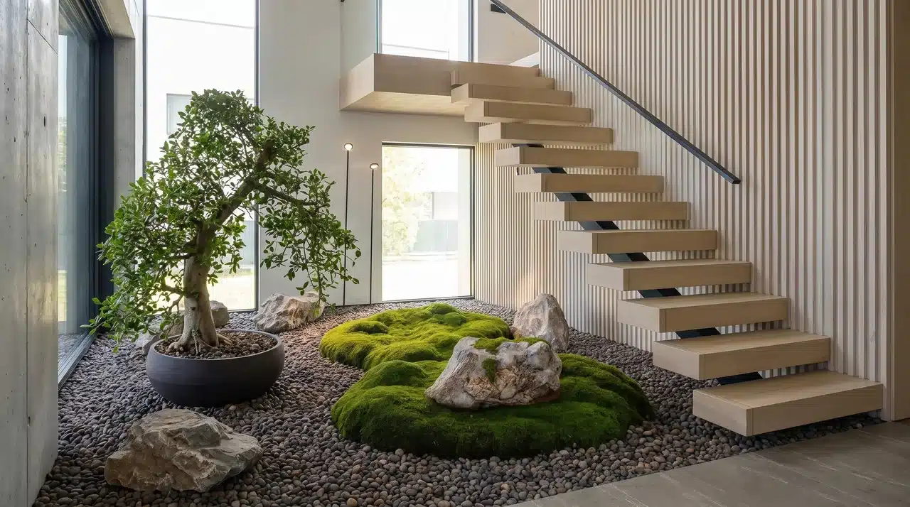 Indoor moss zen garden with rocks, bonsai tree, gravel base, and minimalist natural design beside a staircase.