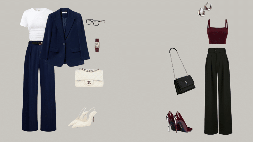 Minimalist outfit featuring a white tee, wide-leg trousers, heels, structured bag, and simple accessories.