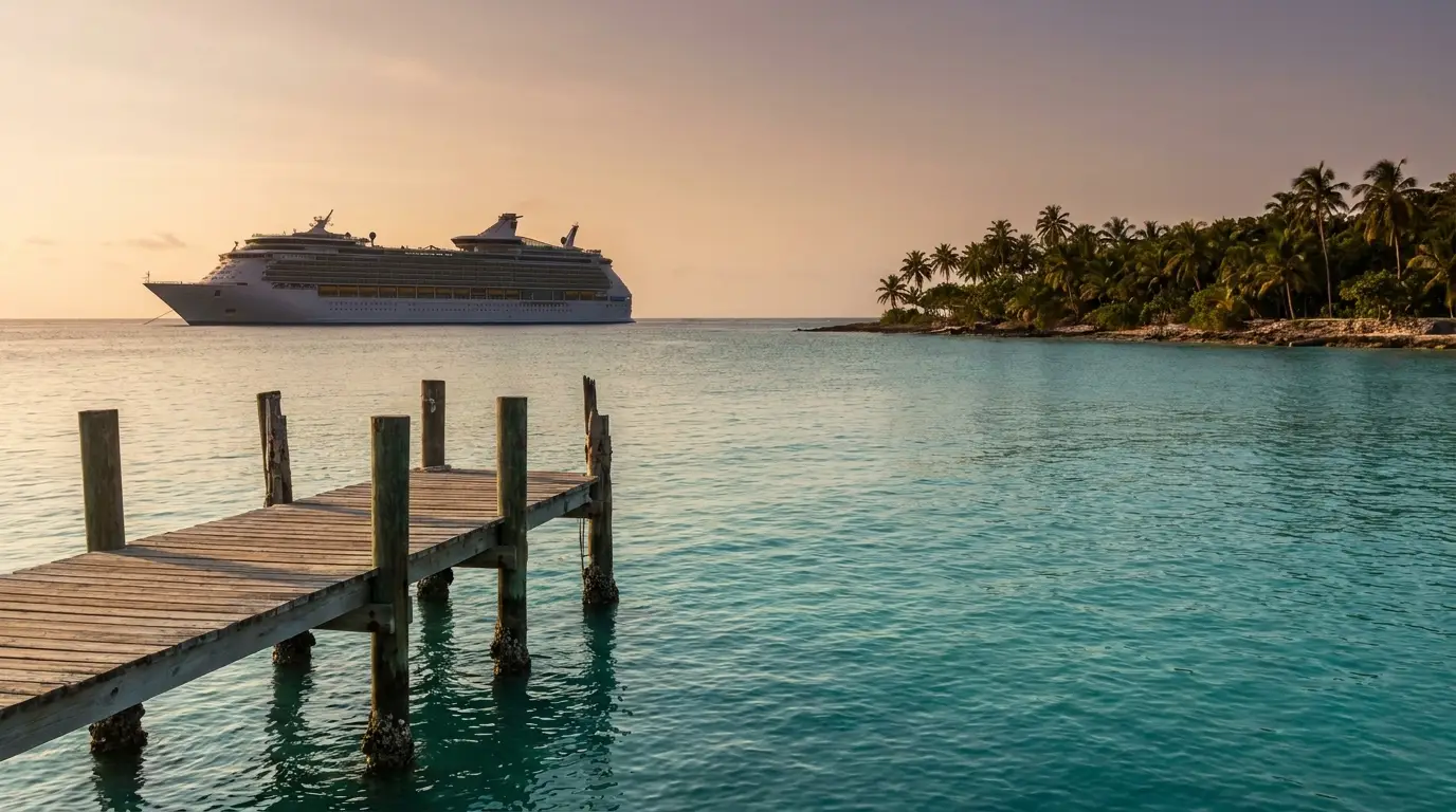 Cruise ship on tranquil ocean near wooden pier and palm-lined shore at sunset