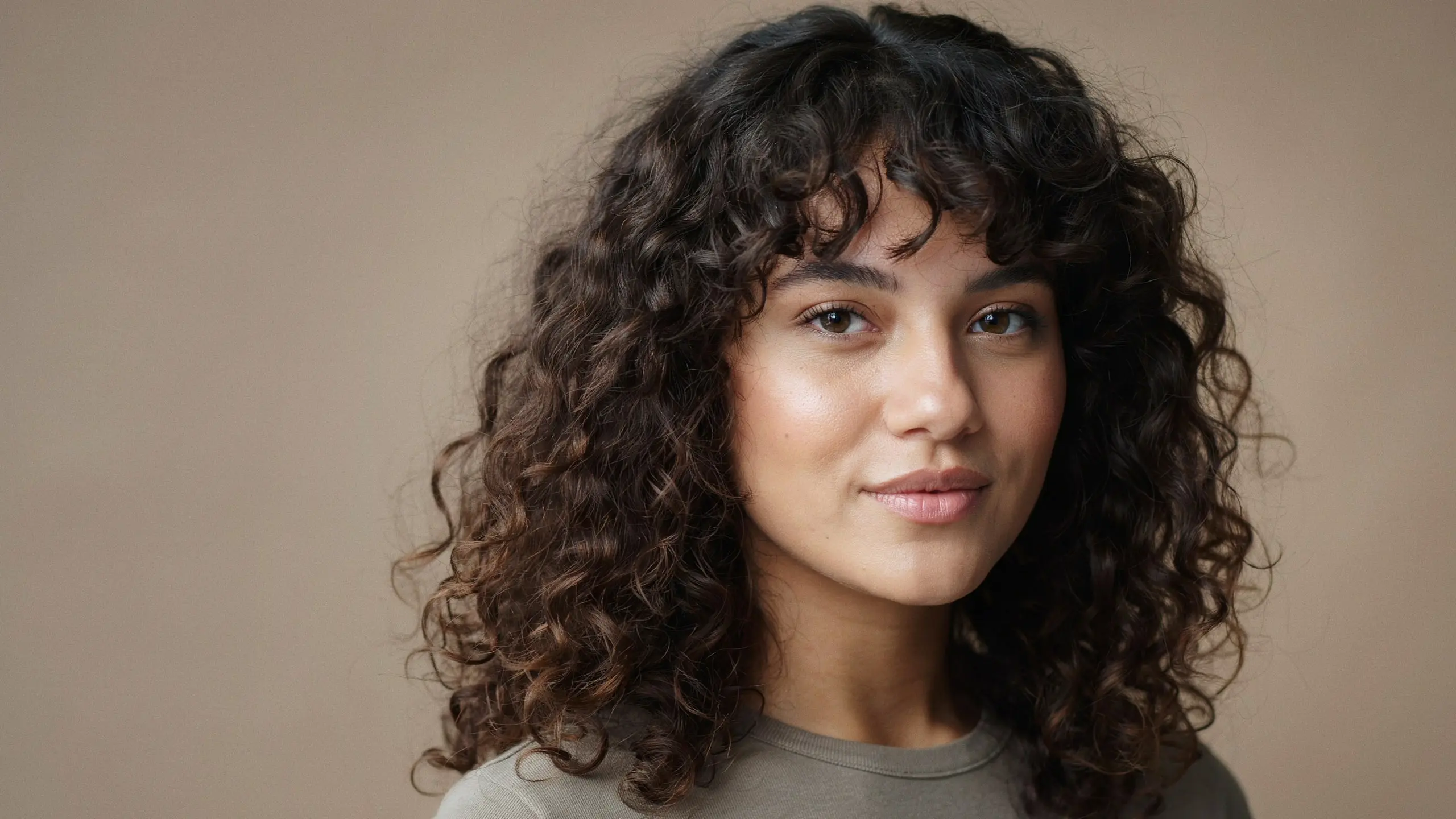 Curly bangs blended with voluminous natural curls for a textured and playful hairstyle