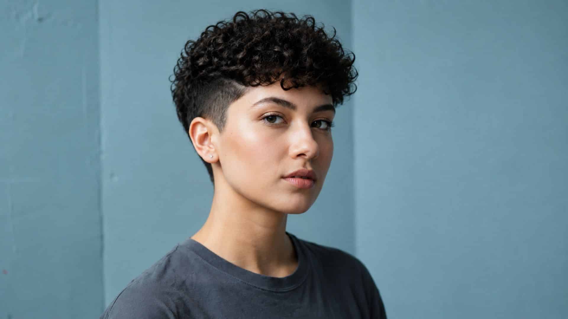 Curly taper haircut with tight curls on top and faded, tapered sides.
