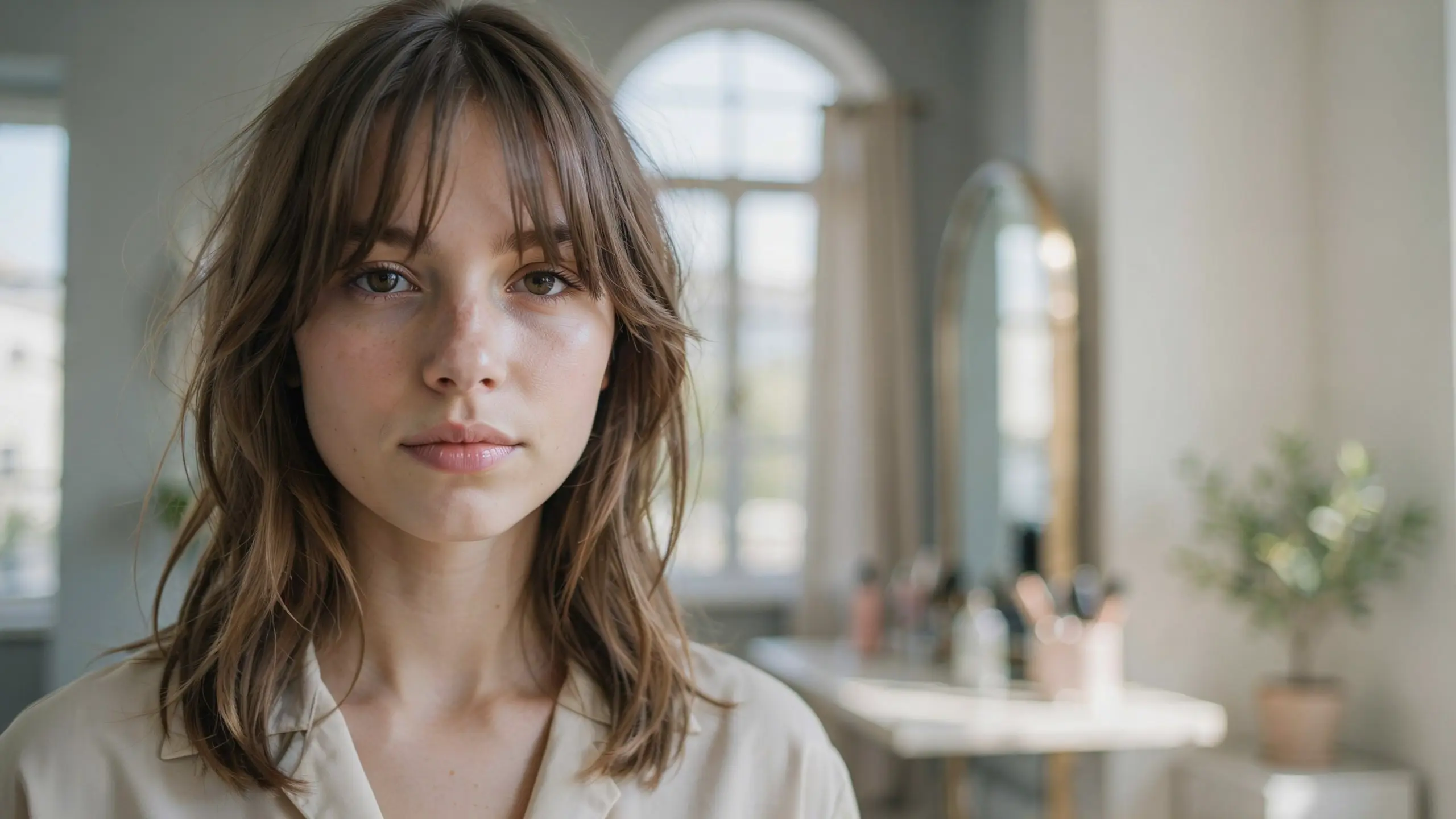 Soft curtain bangs parted in the center with layered waves creating a face framing hairstyle
