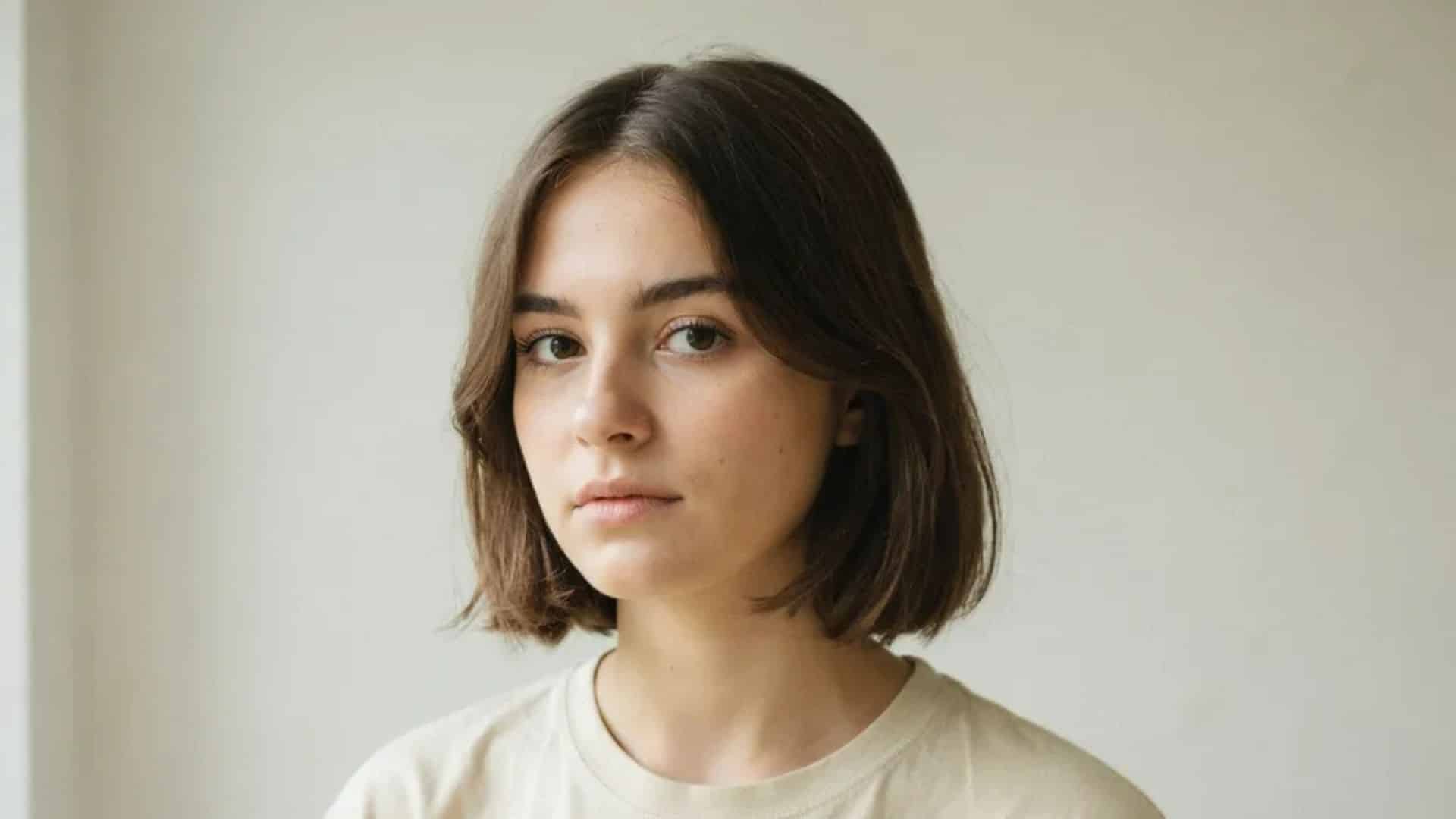 Woman with a sleek curtain crop, center part, hair grazing her shoulders.