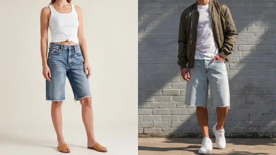 Woman and man wearing frayed cutoff jorts styled for casual summer outfits.