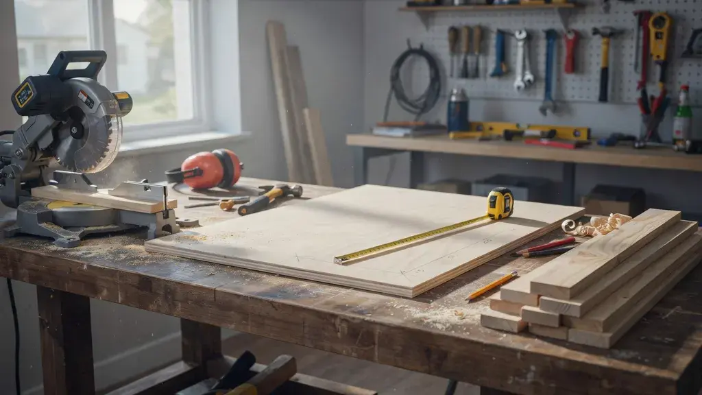 DIY kitchen island frame pieces cut with a miter saw, plywood boards, tape measure, and marked wood supports on a workshop bench.