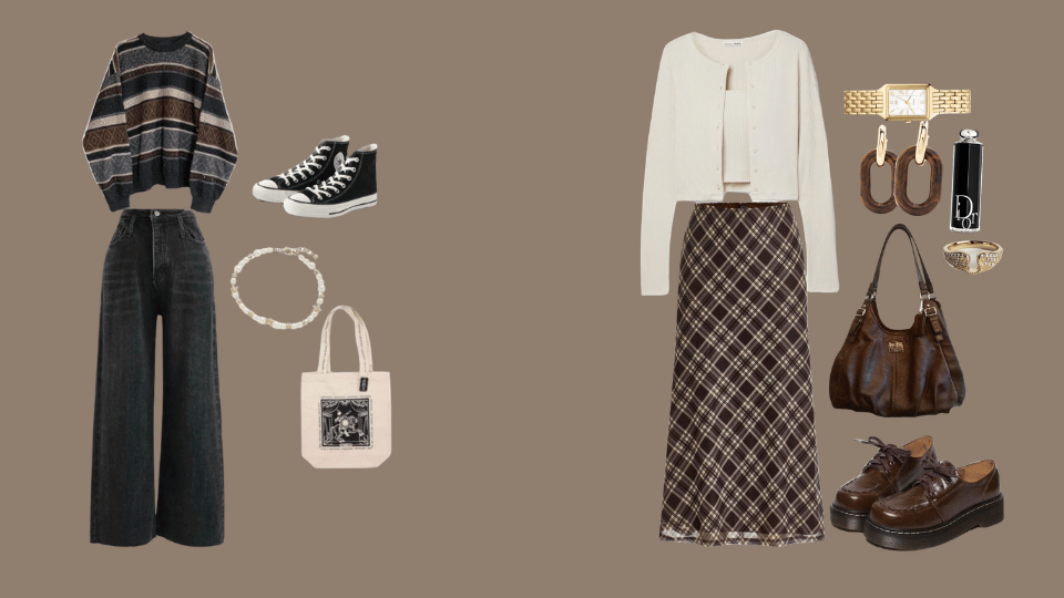 dark academia indie outfit with tweed blazer, turtleneck, pleated skirt, boots, and satchel.