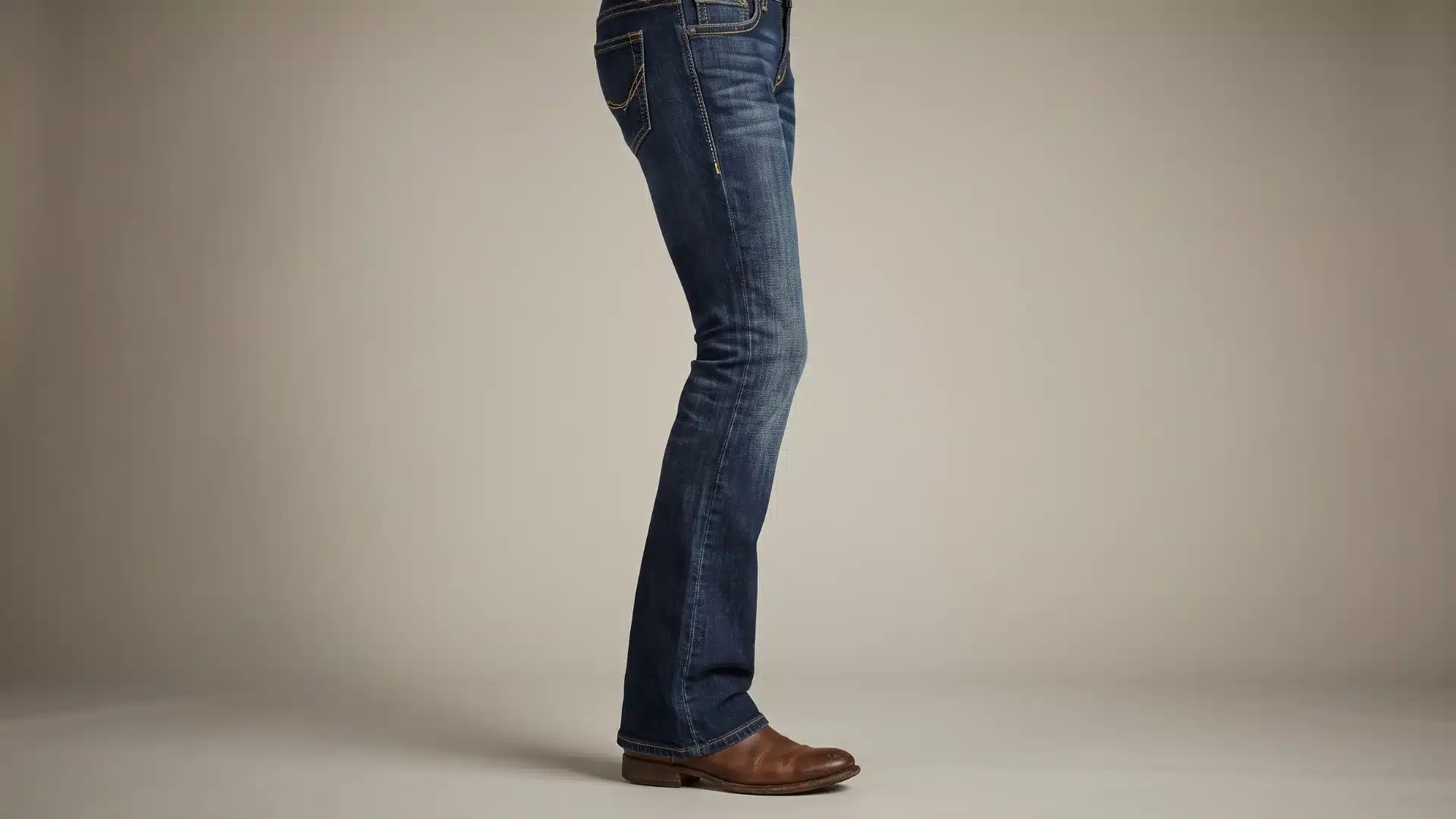 Side view of dark blue bootcut jeans showing a slim fit through the thigh with a subtle flare near the ankle