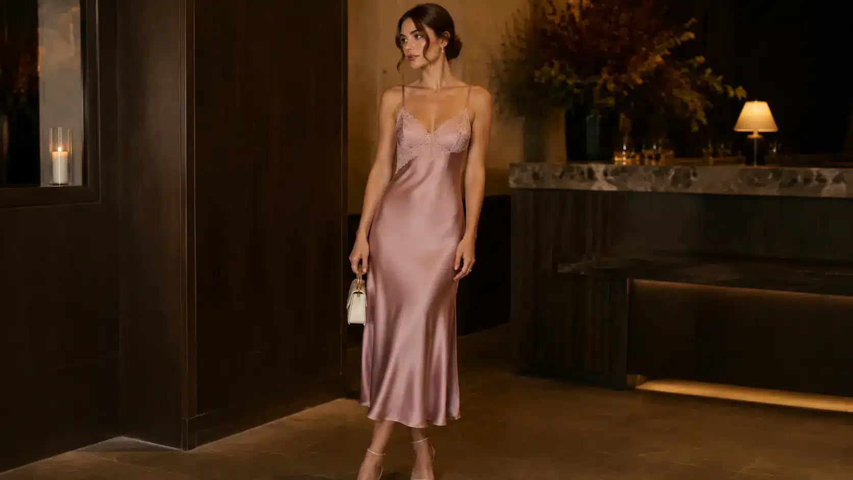 Woman wearing cute pink satin coquette slip dress for a date night look