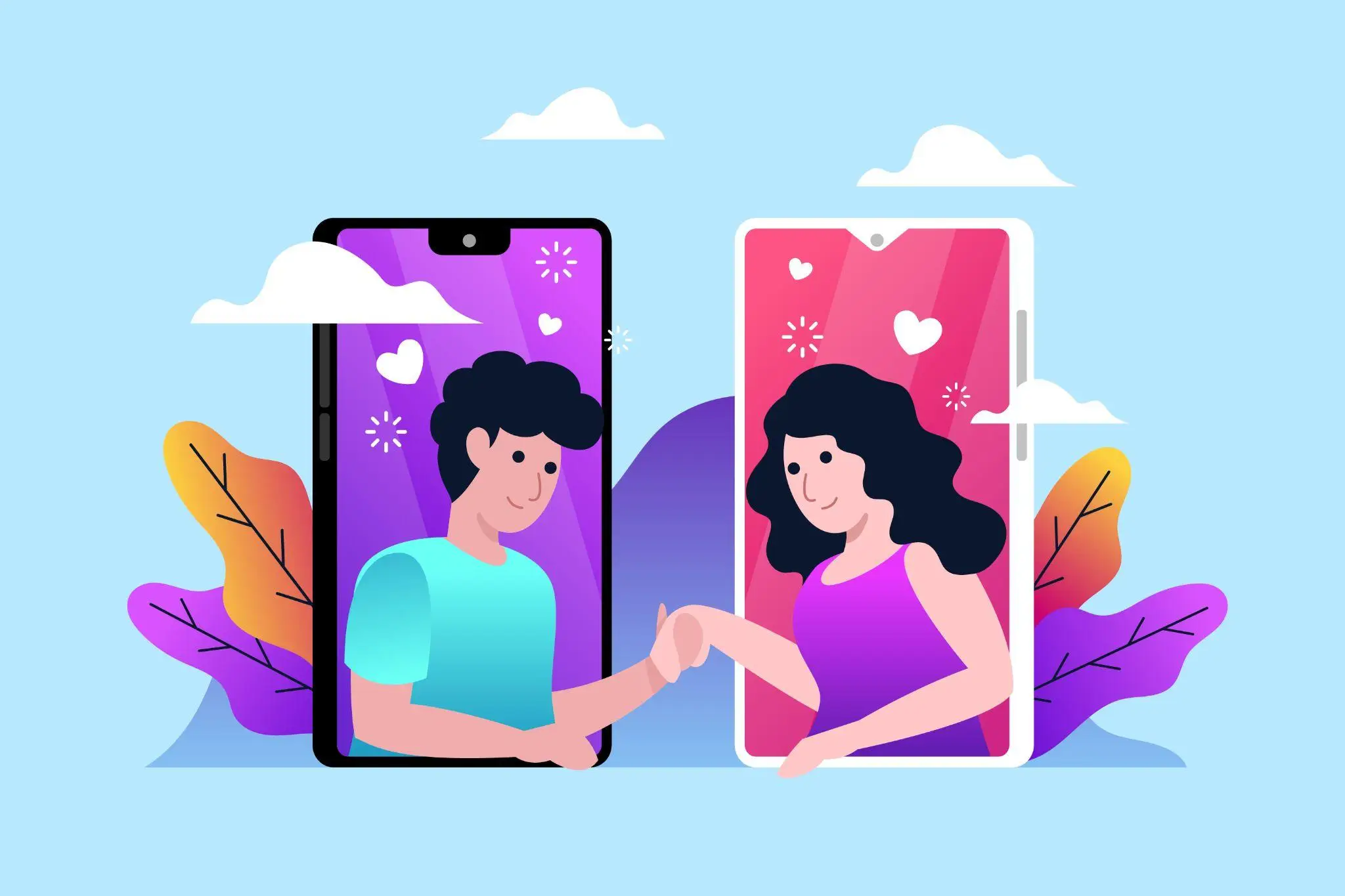 Illustrated couple interacting through smartphones with vibrant backgrounds and heart symbols