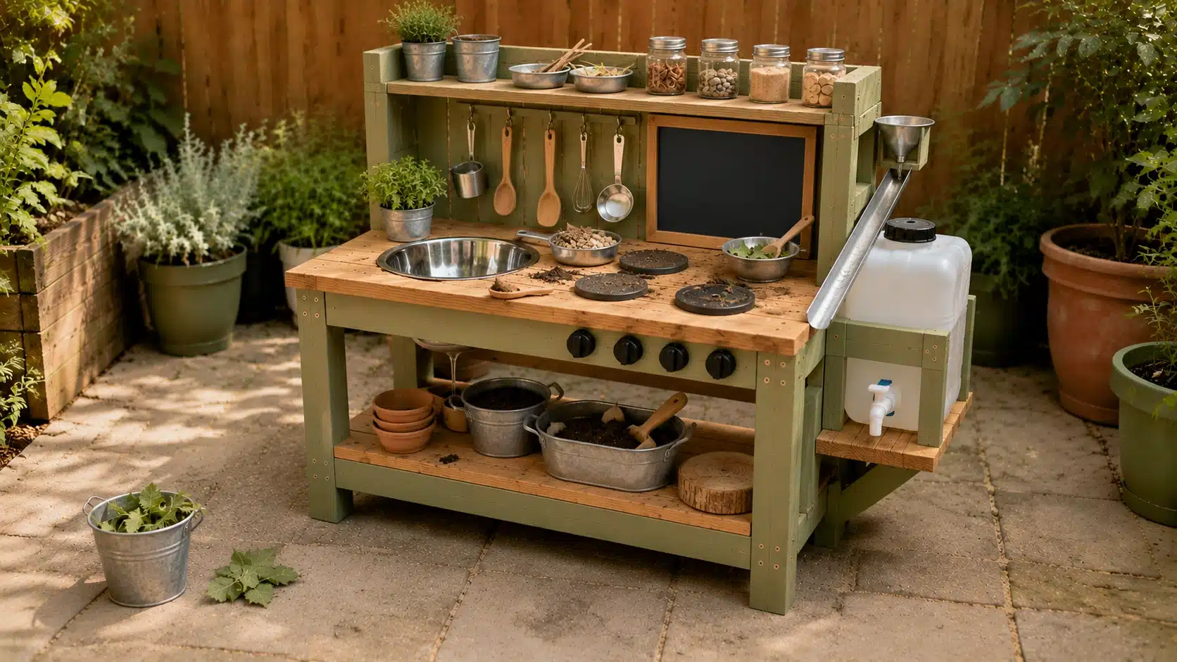 Finished mud kitchen setup with sink, shelves, utensils, and play materials in a backyard.