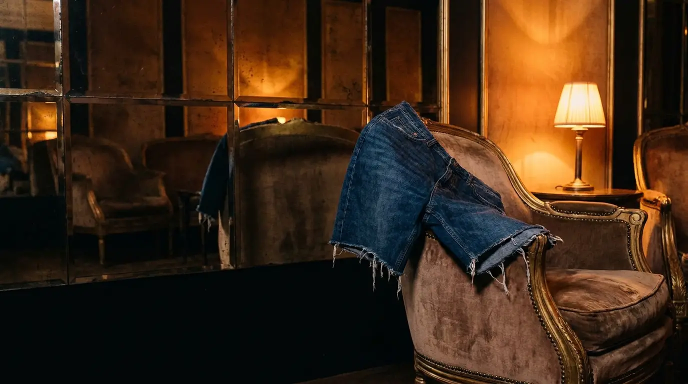 Frayed denim jeans draped over velvet armchair in dimly lit room with warm lamp light