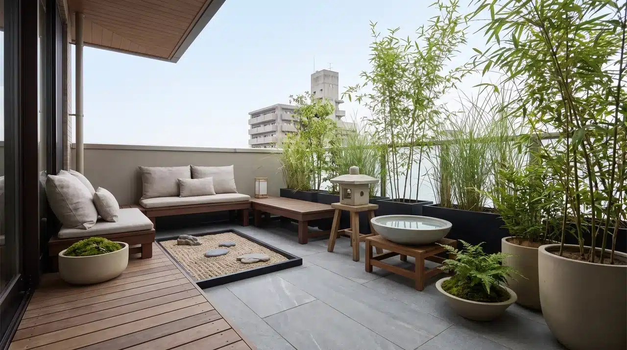 Small balcony zen garden with wooden deck, potted plants, stones, lantern, and peaceful minimalist outdoor design.