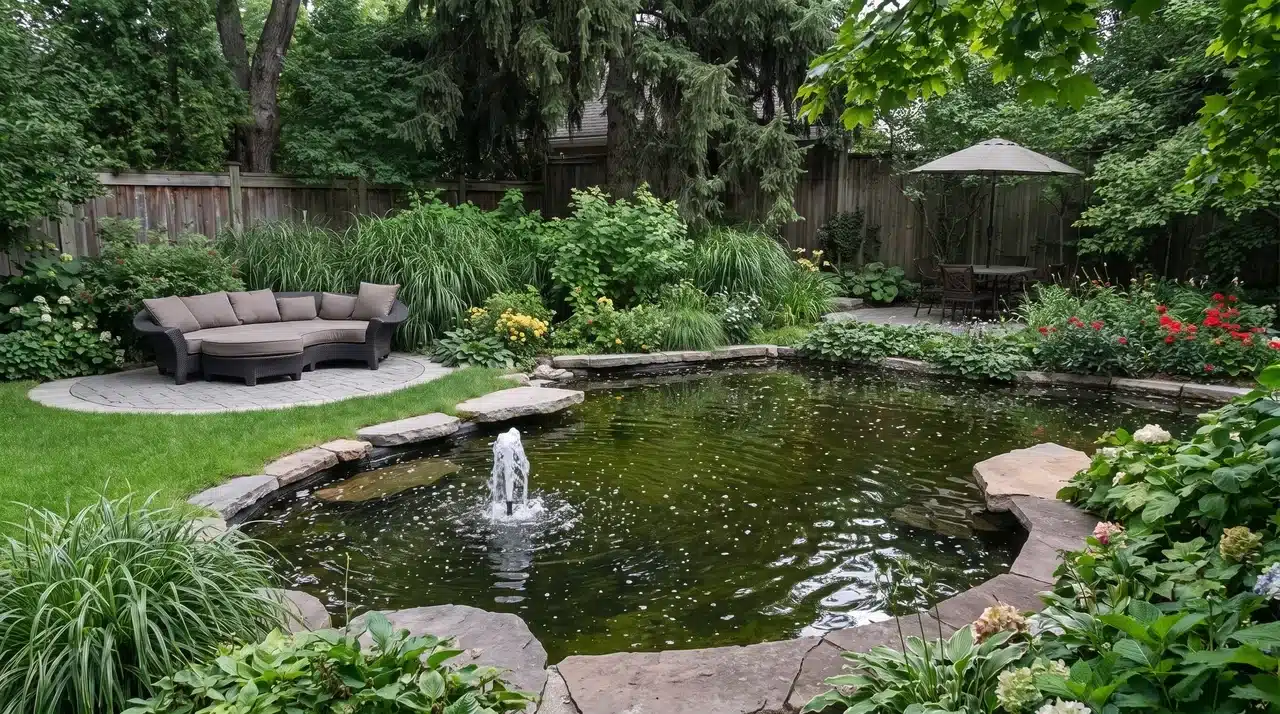 Zen garden with reflection pond, sofa ,natural stones, plants, and peaceful Japanese landscaping.