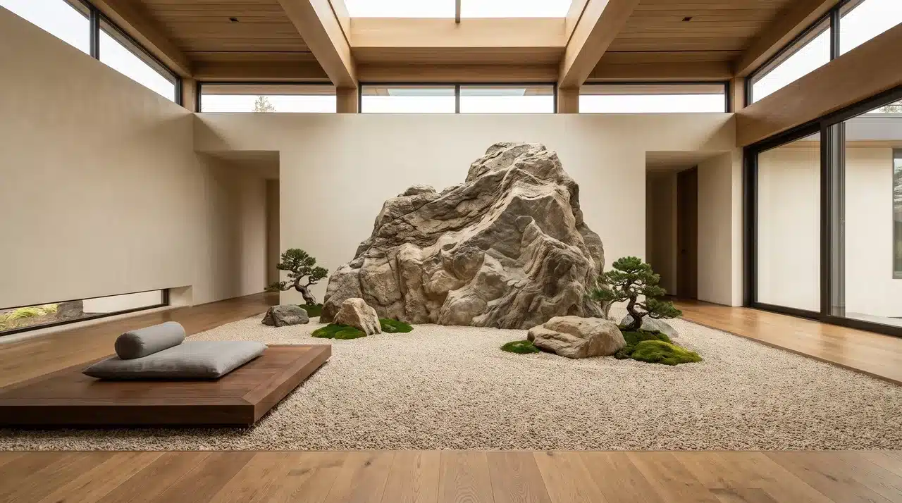 Indoor zen mountain garden with large rock centerpiece, gravel floor, bonsai trees, and meditation seating area.