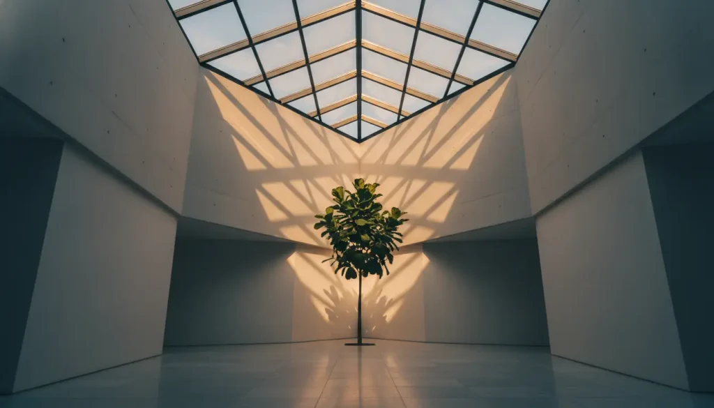 Fiddle leaf fig tree under geometric skylight casting shadows in minimalistic atrium