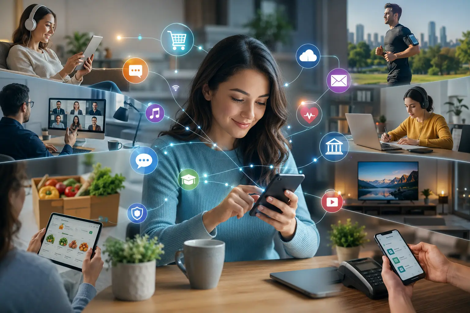 Woman using smartphone with floating digital icons in cozy living room setting