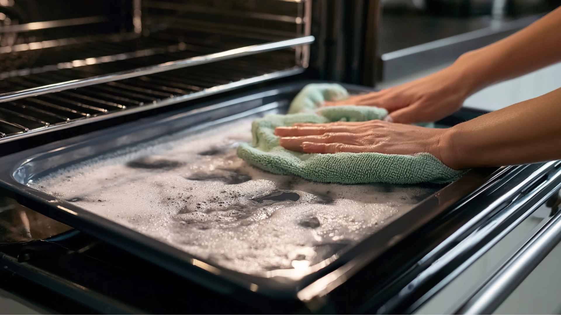 Hands wiping oven interior with soapy cloth removing light grease, natural cleaning step, realistic kitchen close-up scene