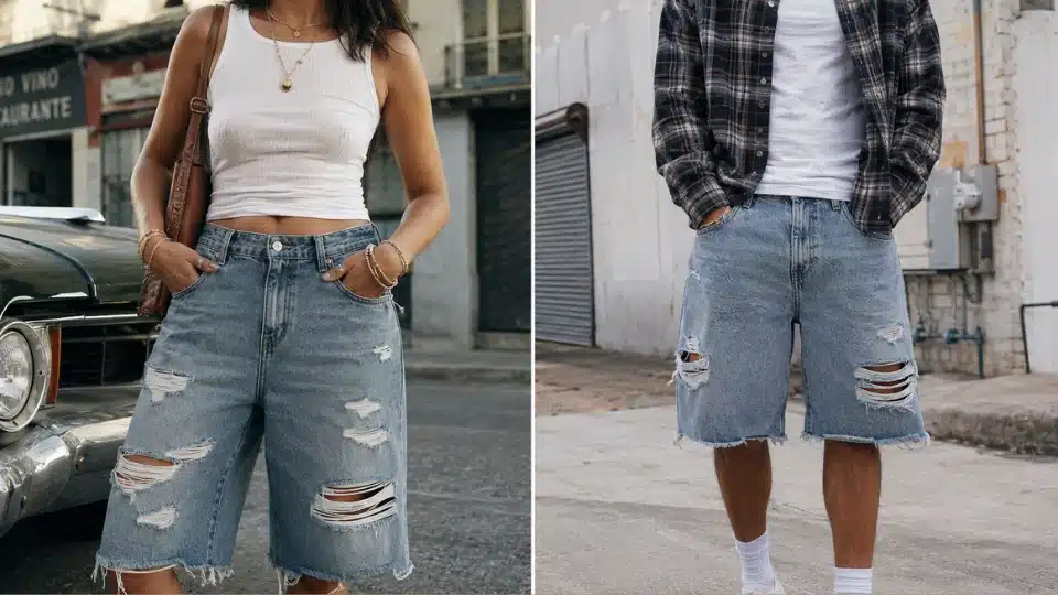 Woman and man wearing distressed jorts with ripped denim and casual streetwear styling.