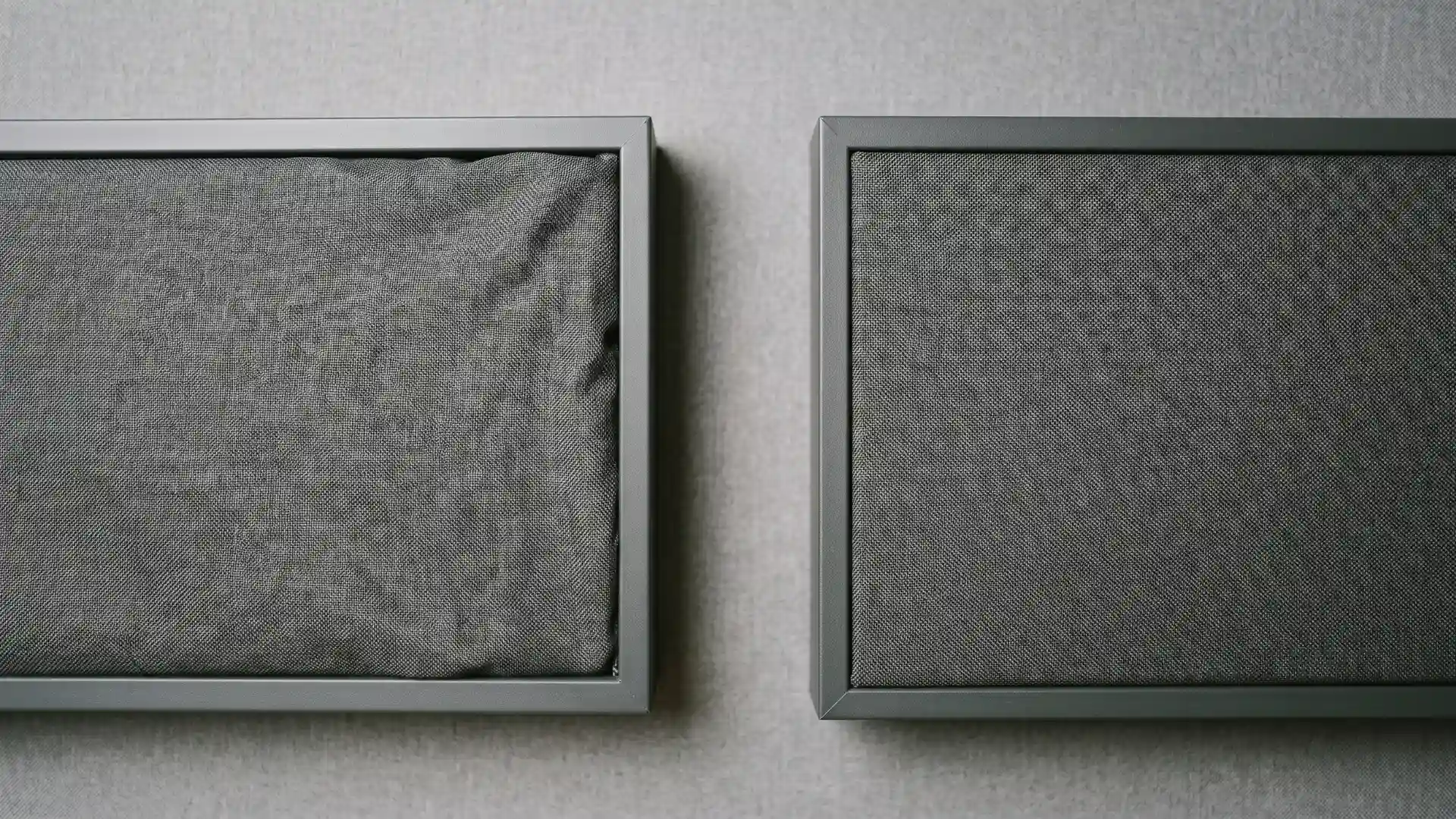 Comparison of a sagging acoustic panel corner versus a properly tensioned one