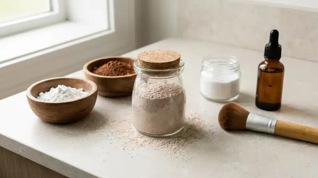 DIY dry shampoo ingredients with a glass jar, makeup brush, arrowroot powder