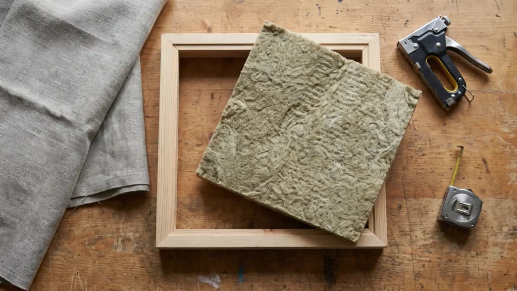 DIY craft setup showing a wooden frame, fabric piece, staple gun, and measuring tape arranged on a workspace