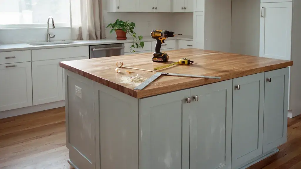 DIY kitchen island with butcher block countertop, painted cabinets, drill, tape measure, and tools in a modern kitchen.