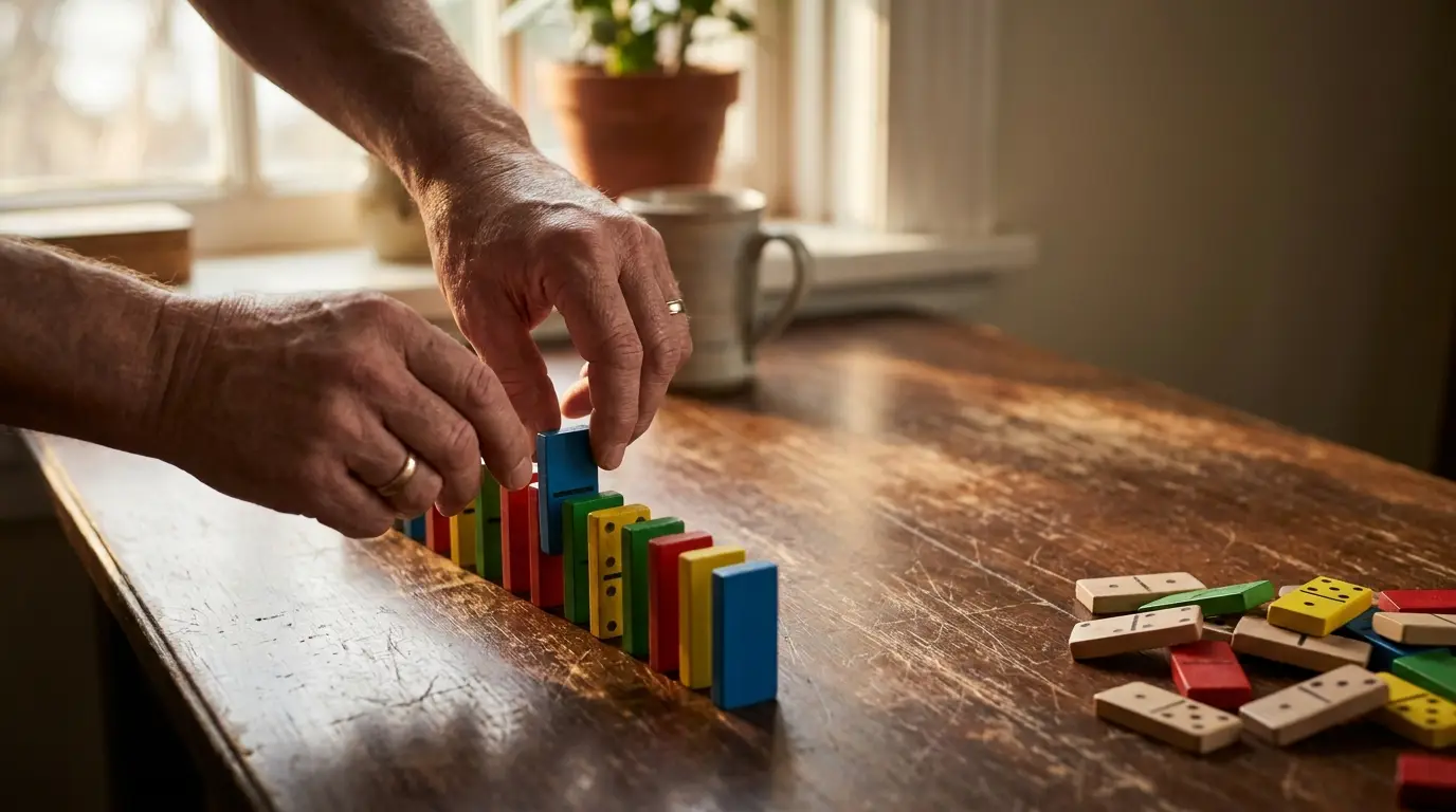 Hands arranging colorful dominoes on wooden table in sunlit room