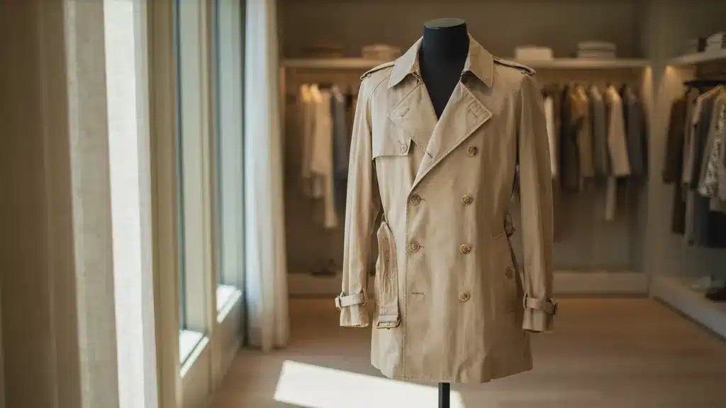 Beige double-breasted trench coat on a mannequin in a modern boutique with soft natural window light.