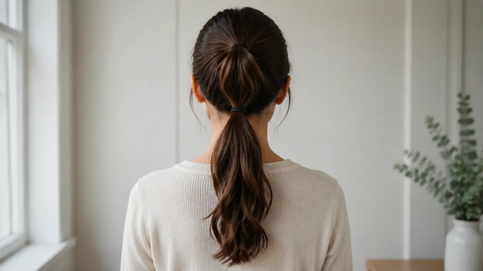 Double ponytail hairstyle viewed from the back with stacked ponytails creating a layered, voluminous look.
