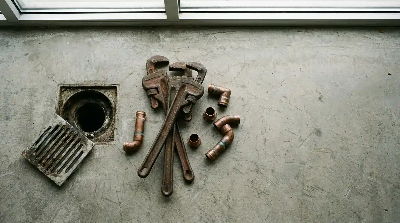 Pipe wrenches and copper fittings on concrete floor next to open drain