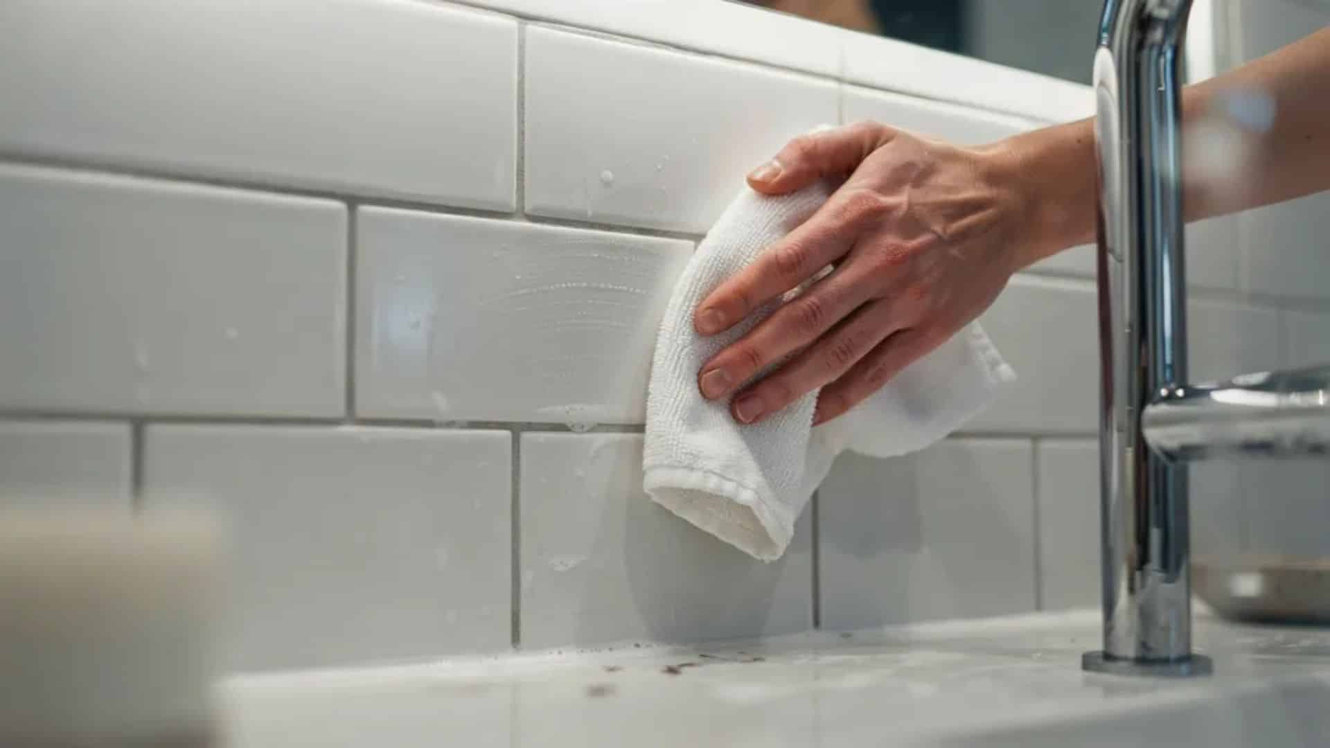 Hand drying shower tiles removing moisture and soap scum before mold treatment in a clean modern bathroom scene