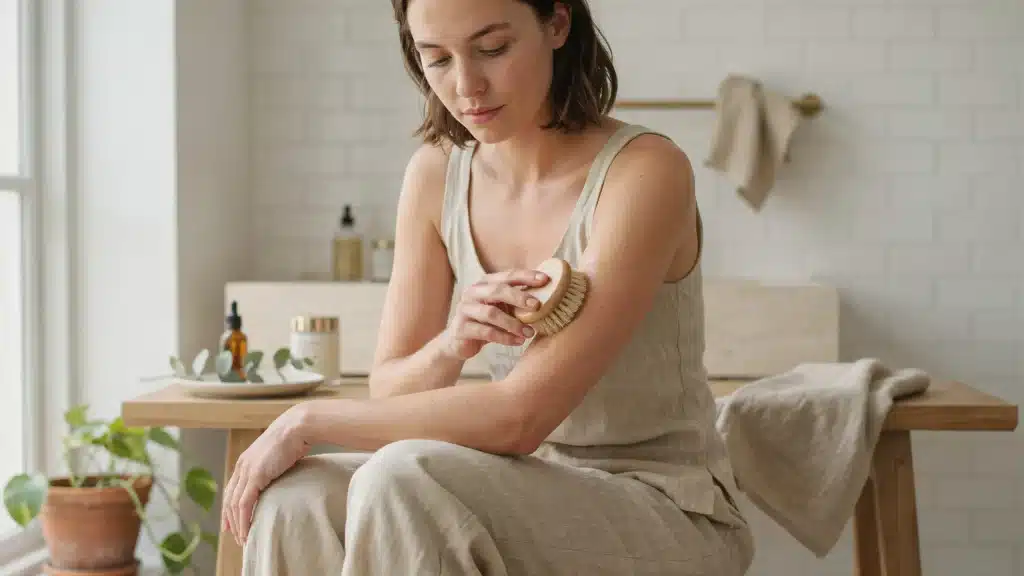 A woman using a wooden dry brush on skin during a relaxing skincare routine in a bright modern bathroom setting