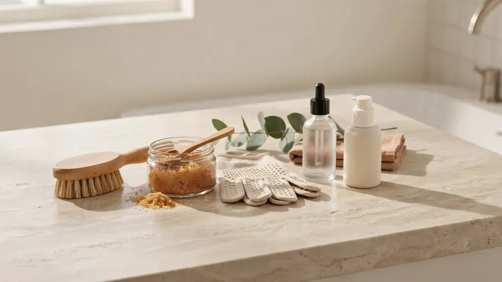 Dry brush, body scrub, exfoliating gloves, and skincare bottles arranged to show different skin exfoliation methods