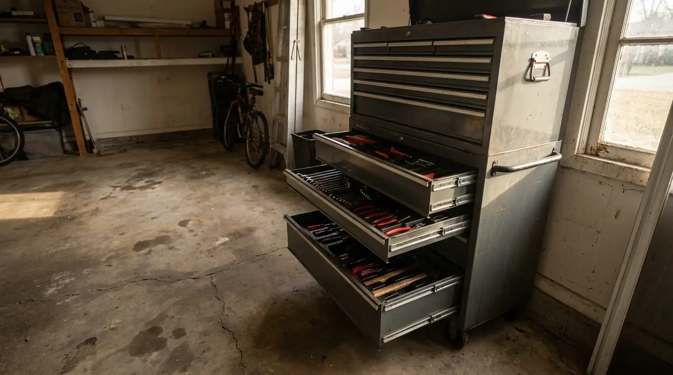 Metal tool chest with open drawers filled with tools in a sunlit garage