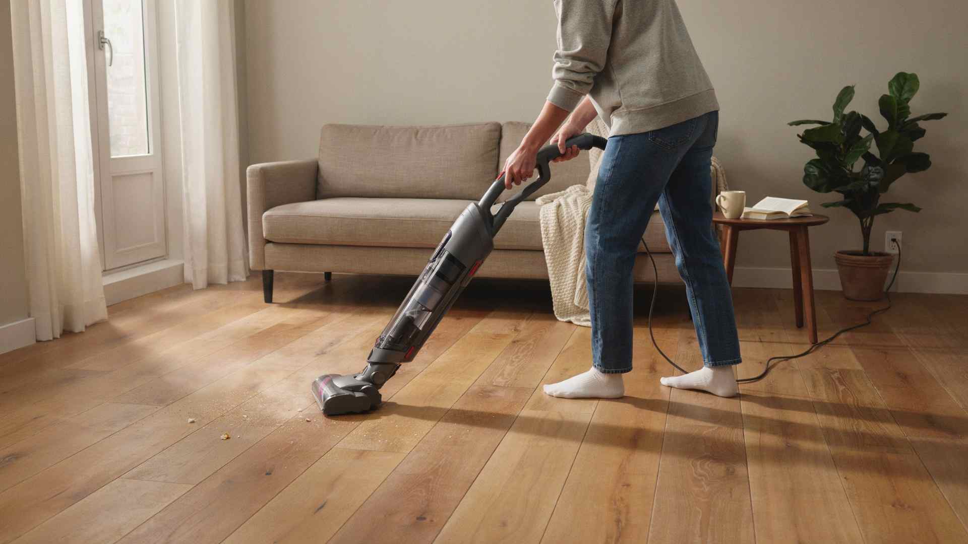Person vacuuming dust off a wood floor in a sunlit living room