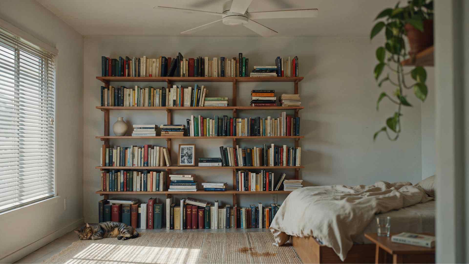 A cozy bedroom witha cat laying on the floor