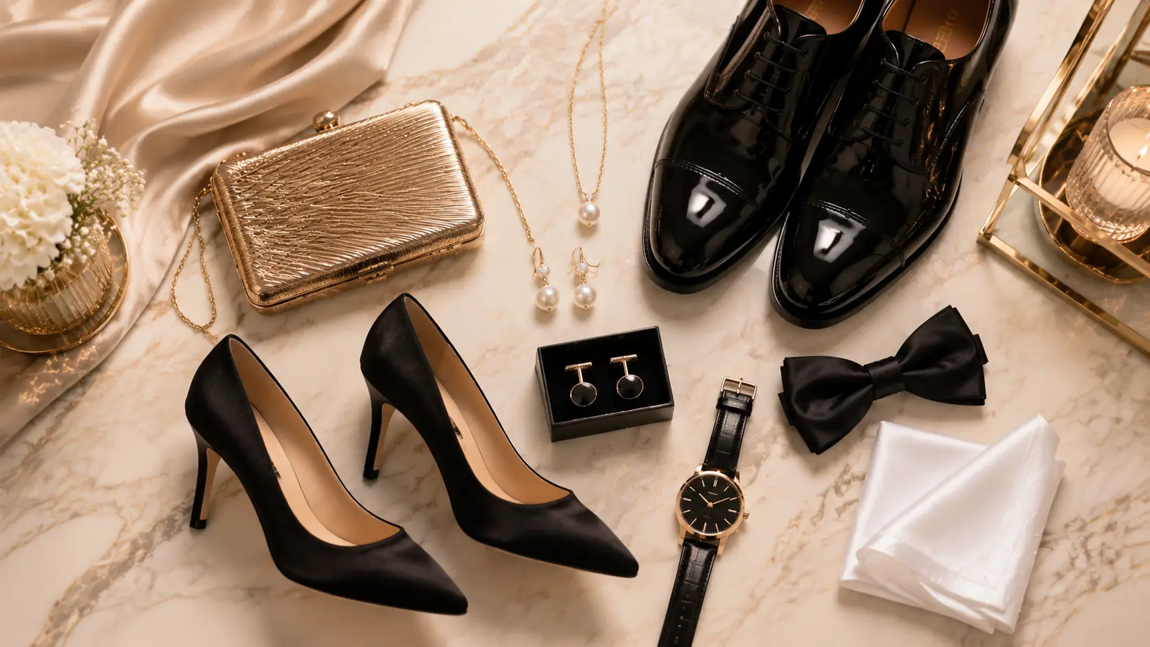 Elegant black-tie shoes and accessories arranged in a luxury flat lay