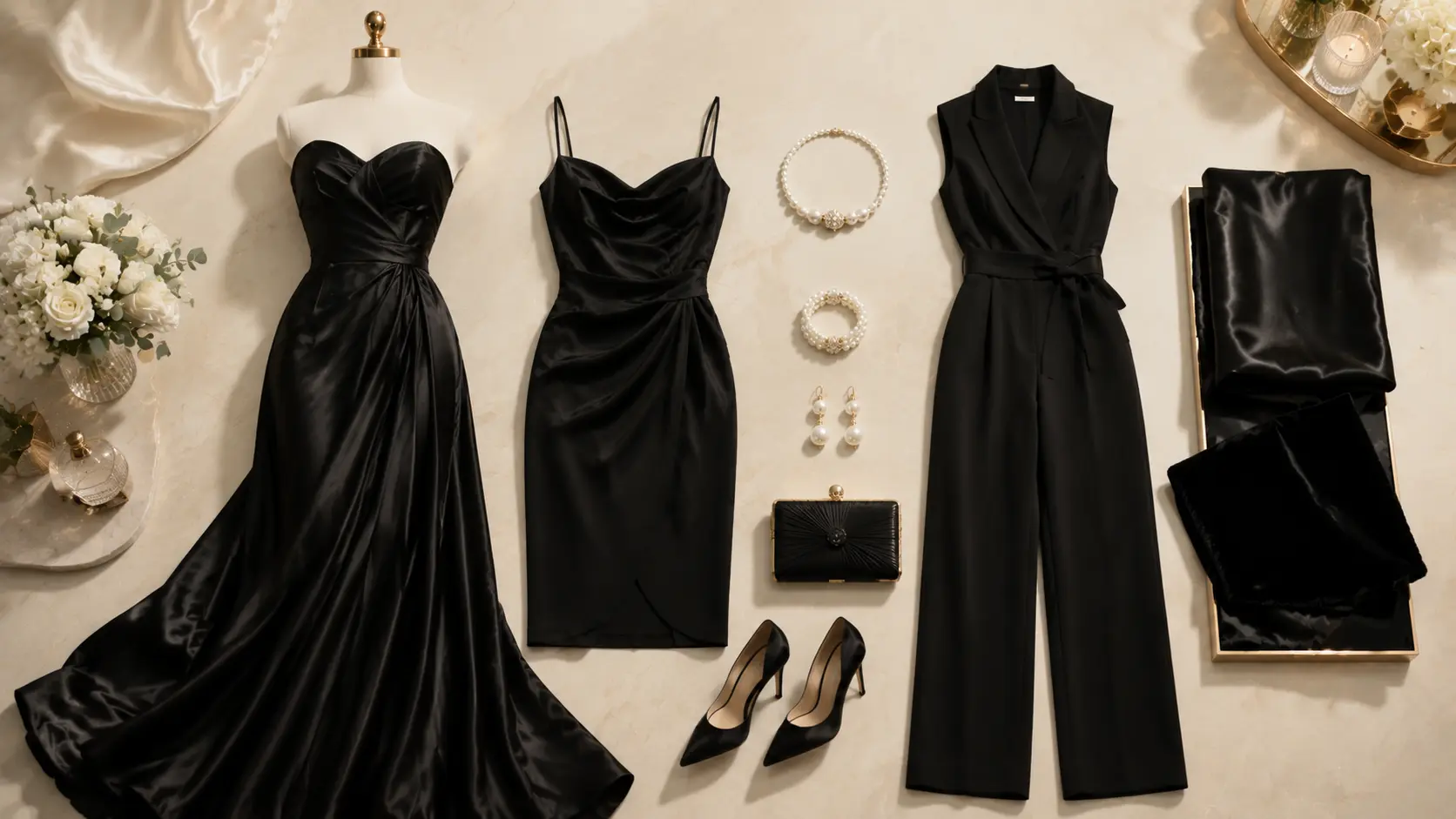 Elegant black-tie women's outfit essentials arranged in a luxury fashion display