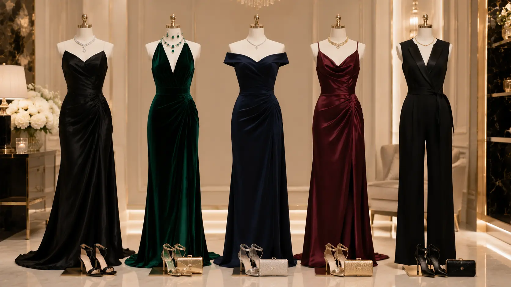 Elegant women's black-tie outfit ideas displayed in a luxury fashion setting