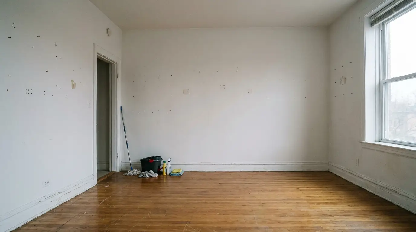 Empty room with white walls and cleaning supplies on a wooden floor near window