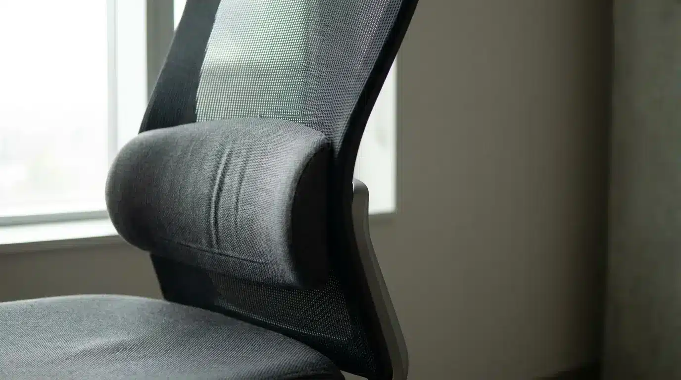 Mesh office chair with lumbar support in bright office setting