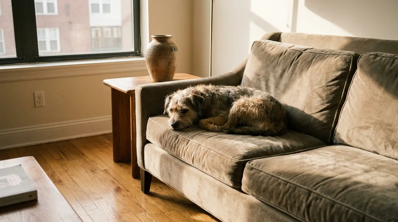 Dog resting on beige sofa in sunlight-filled living room with wooden floor and table