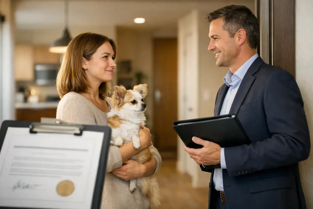 Woman holding small dog speaking with man holding a folder in home setting
