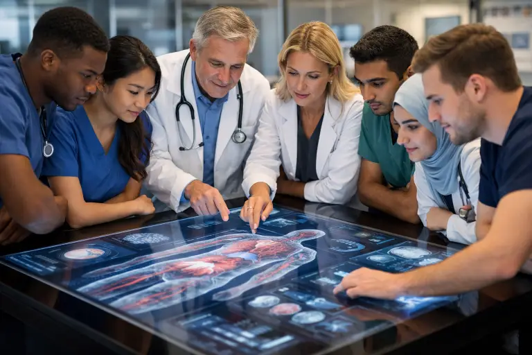 Medical team examining digital anatomy display in modern lab environment