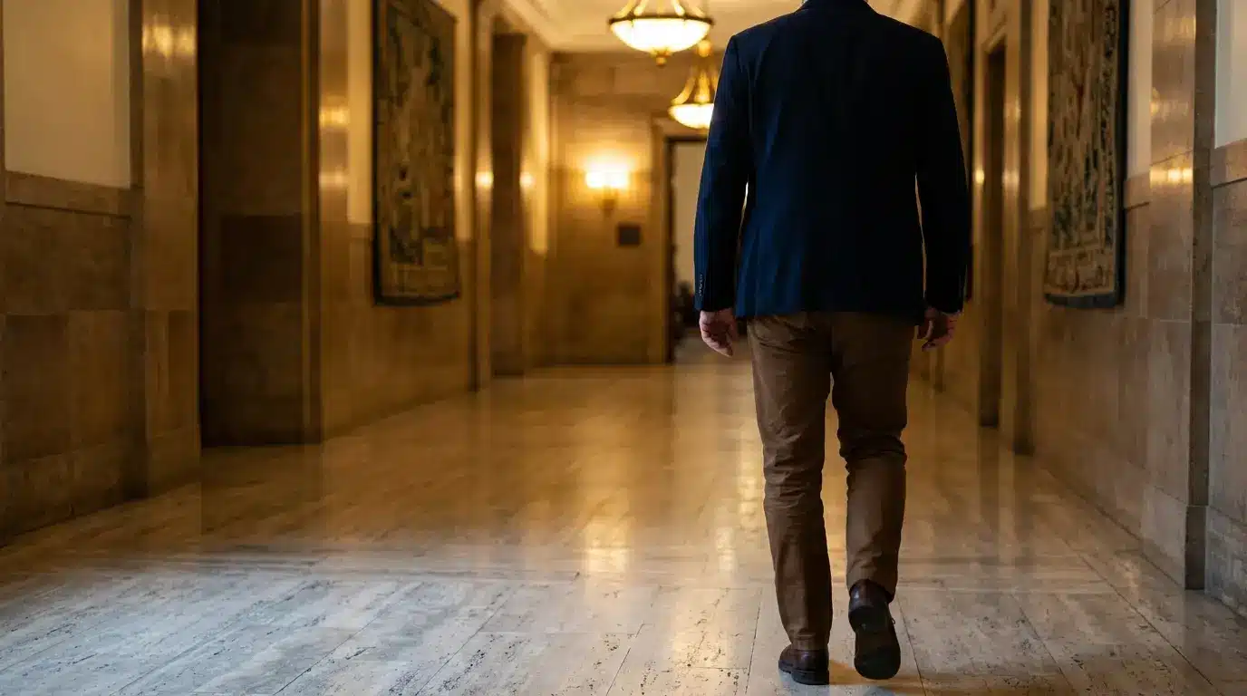 Person walking down marble hallway with ornate lighting fixtures and wall tapestries