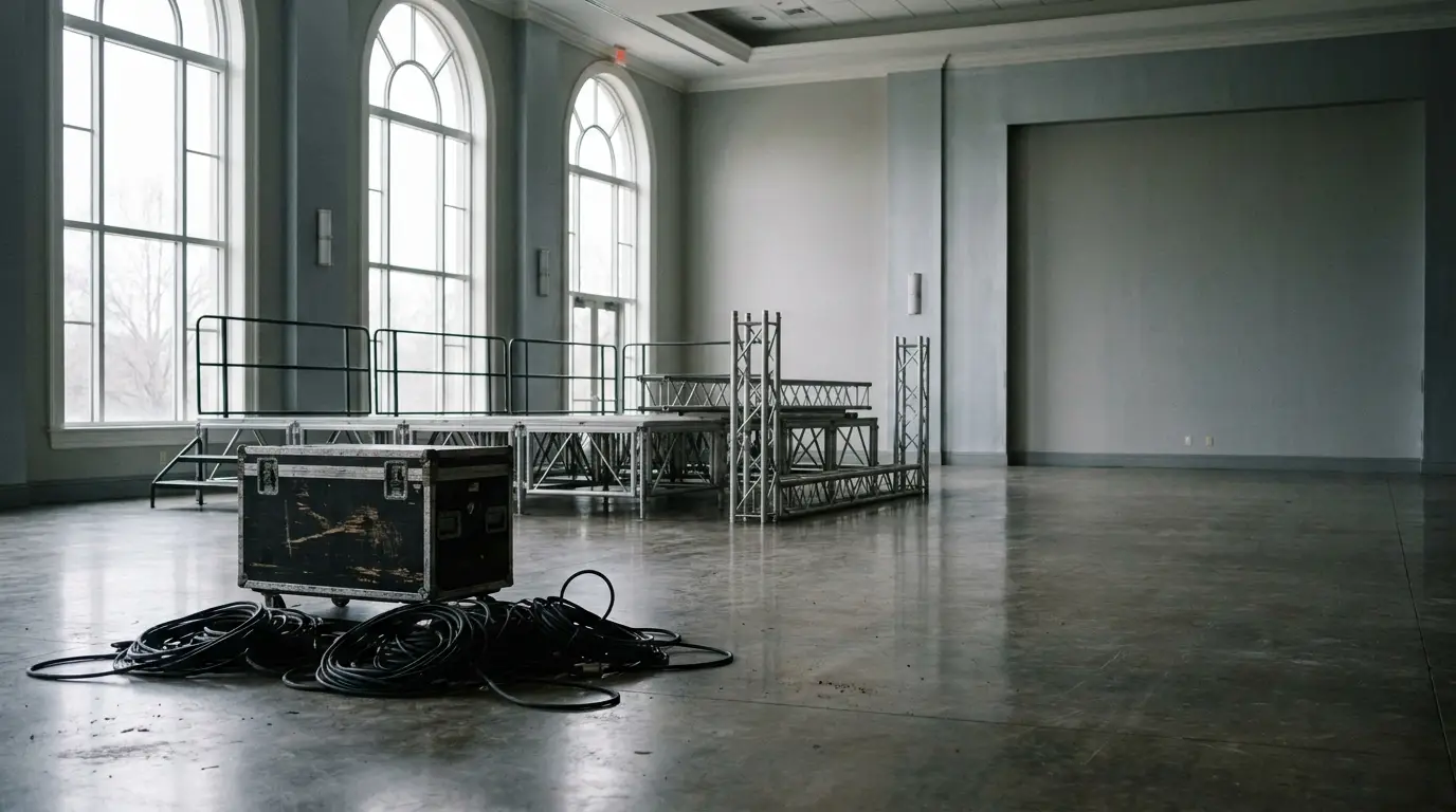 Empty event space with staging platforms, metal trusses, and a black equipment case on concrete floor